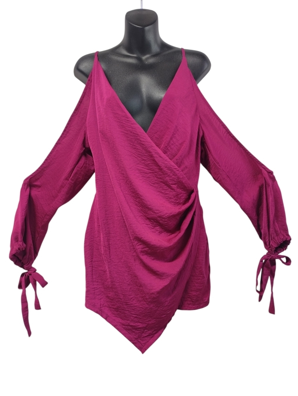Fashion Nova Pink Purple Cold Shoulder Long Sleeve Wrap Romper Size L NWT